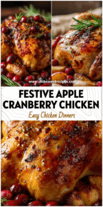 Golden roasted chicken with apples and cranberries on a holiday table.